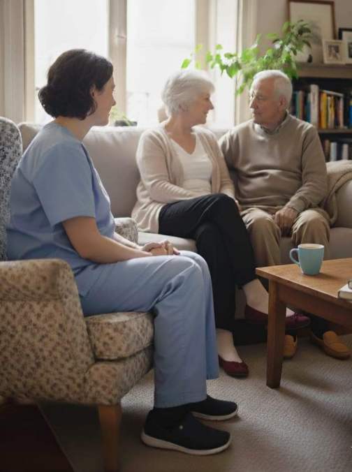 Healthcare provider supporting elderly patients at home with palliative care
